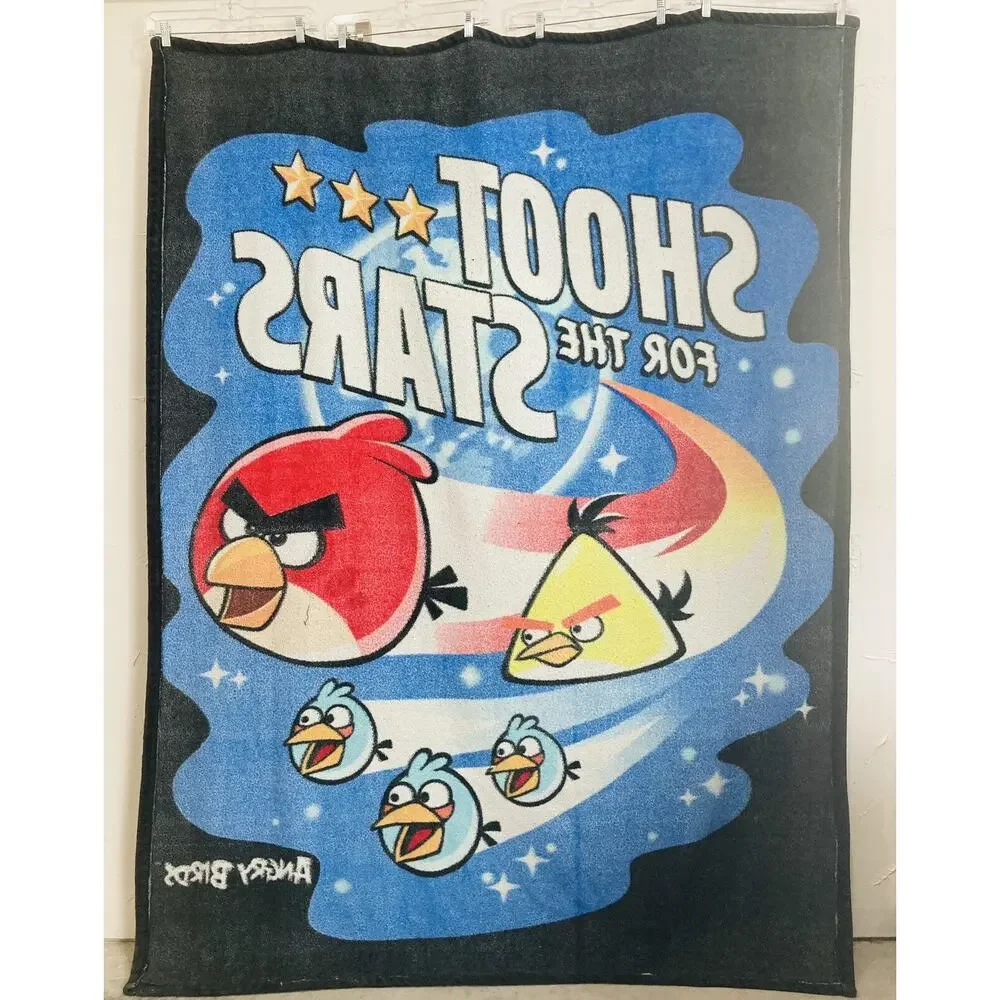 ANGRY BIRDS Large Plush Throw Blanket Shoot for Stars Blue Yellow Red 80 X 60”